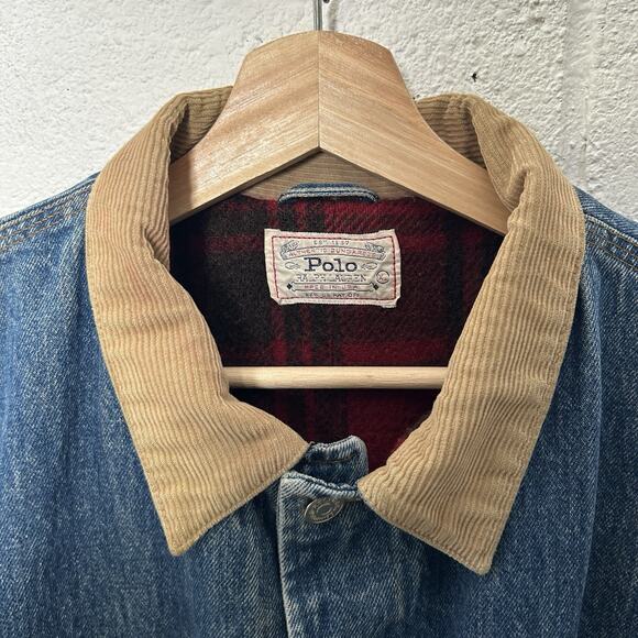 Vintage Polo Country Ralph Lauren Plaid-Lined Denim Chore Coat - Picture 3 of 9